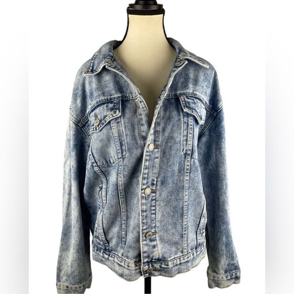 SHEIN women’s Jean denim distressed blue button up jacket w front pockets - Picture 1 of 8